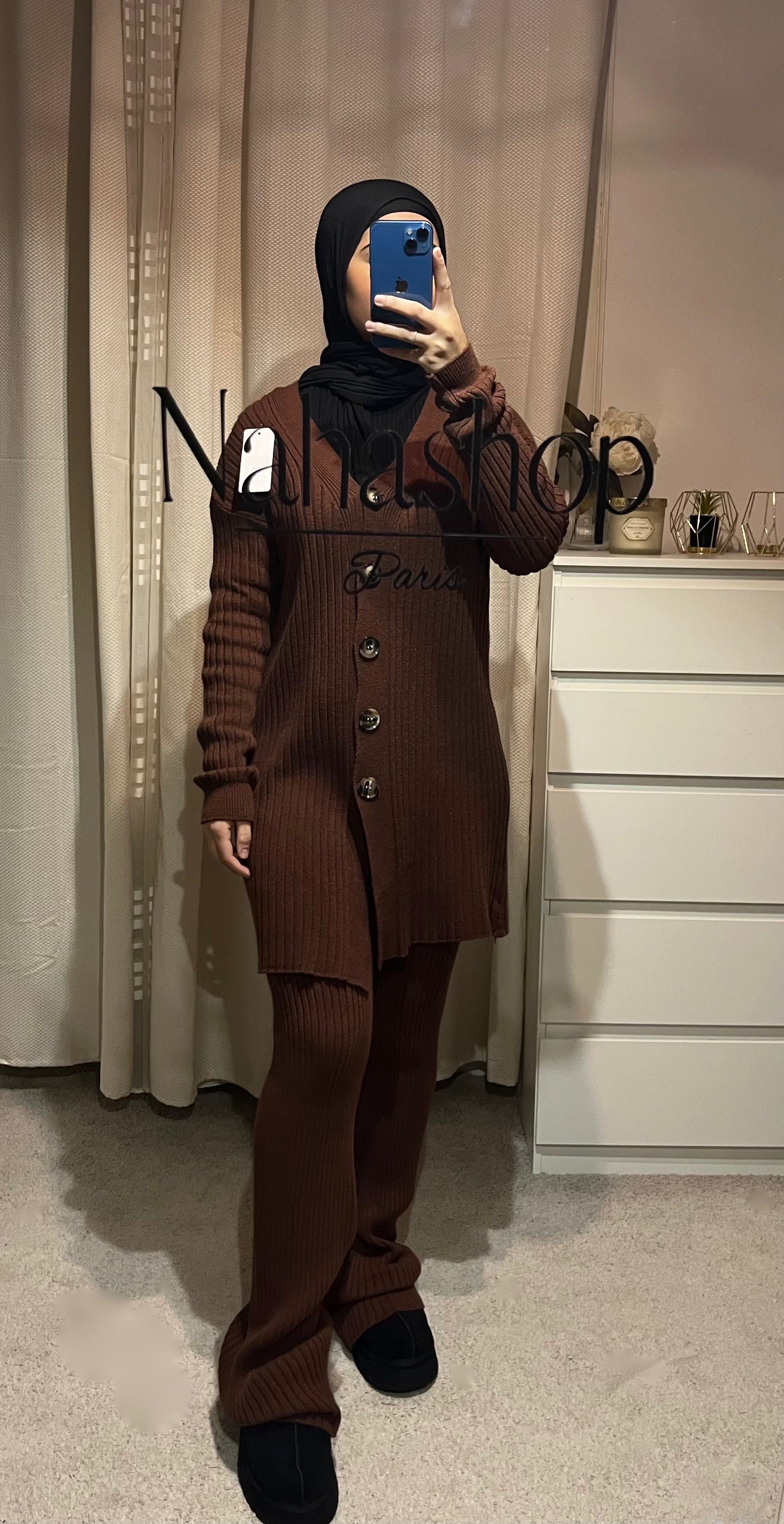Ensemble en maille bouton MARRON