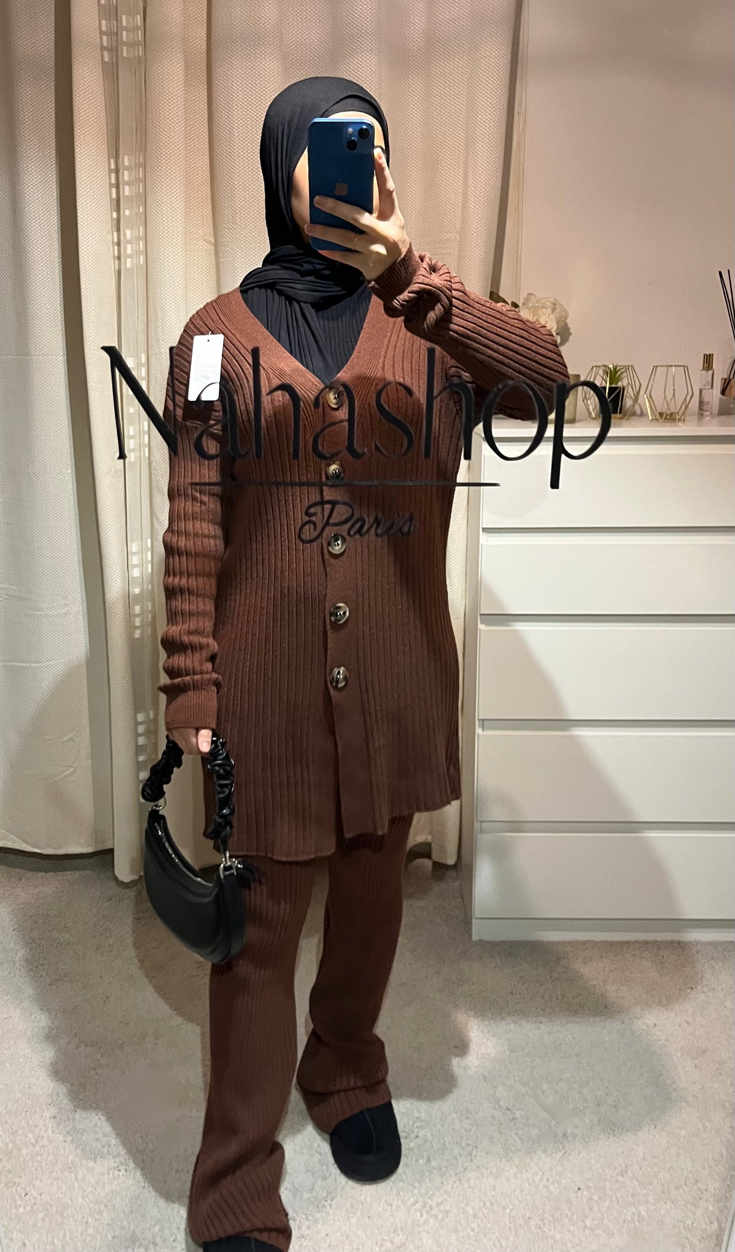 Ensemble en maille bouton MARRON